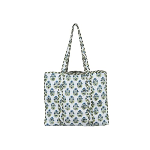 Indian Cotton Quilted Tote Bag Women shoulder Bag Carry, shopping Beach Bag Summer Holiday Essentials Shopping Travel Bag with Pockets Handbags for Women (Purple-Flower)