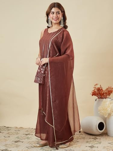 Image of MOKOSH Women's Silk Embroidery Kurta Sharara with Dupatta | Kurta Set | Embroidered |Ethnic Wear |Indian Kurta Outfit with Sharara | 3 Piece Outfit