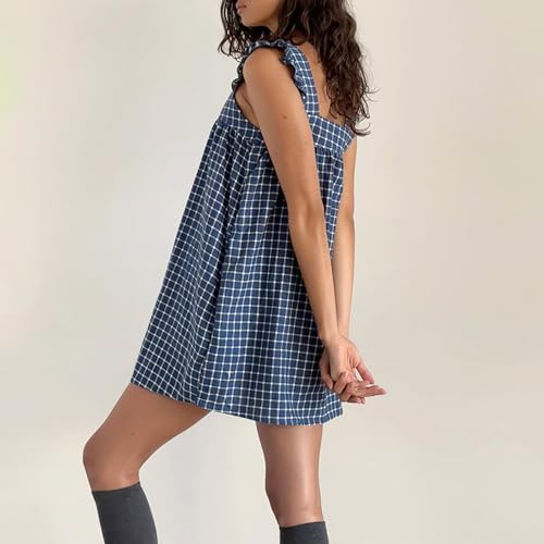 Image of NUFIWI Y2K Ruffle Hem Babydoll Mini Dresses Square Neck Spaghetti Strap Short Dresses Boho Flowy Patchwork Sundress Vocation