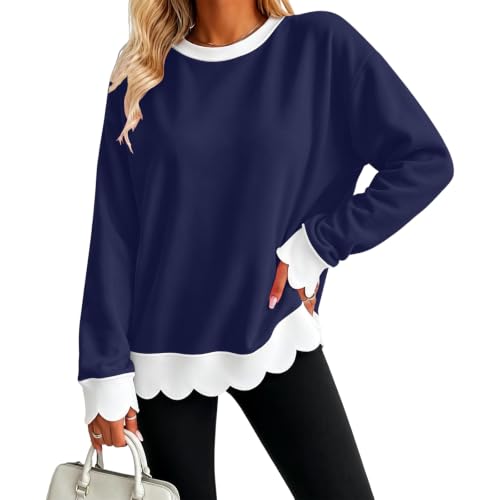 Fall Oversized Sweatshirt for Women Cotton Scalloped Hem Trendy Cozy Tops - image 5