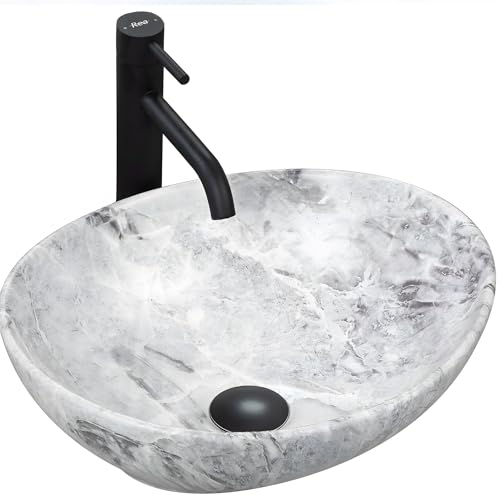 Rea Lavabo Da Appoggio Sofia Stone Lavandino Bagno 410 X 345 X 150 Mm In Ceramica (Grigio, Imitazione Marmo)