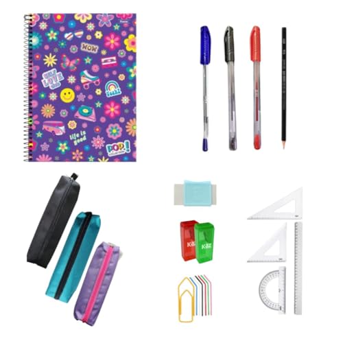 Kit Material Escolar Juvenil Adulto Fundamental Médio Faculdade Feminino Menina Básico Réguas Estojo