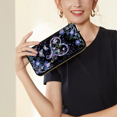 Image of Women's Wallets,Credit Card Holder Money Leather Long Wallet with Wristlet,Large Capacity with Zip-Around Phone Purse for Women Ladies Girls,Purple Butterfly Flower