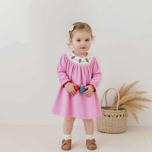 Toddler Girls Christmas Tree Dress Long Sleeve Smocked Dresses Embroidery Bow Gingham Sundress Kids Winter Clothes3