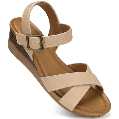 Image of SHIBEVER Wedge Sandals for Women Dressy: Comfortable Low Heel Summer Sandal | Casual Walking All-Day Comfort Dress Ladies Strappy Shoes - Ankle Strap Arch Support with Cushioned for Work Vacation
