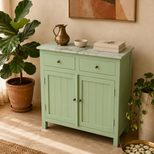 Image of Solid Wood Madrid Sideboard Cabinet (S) | Sideboard with Sintered Stone Top | Finish- Acrylic Sage Green