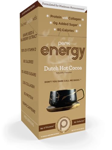 Image of Perk Energy Drink Mix (Dutch Hot Cocoa) 10 Stick Packs, Gluten-Free | Caffeinated Healthy Coffee Alternative with Protein, 100mg of Caffeine, Soy-Free, Peanut-Free