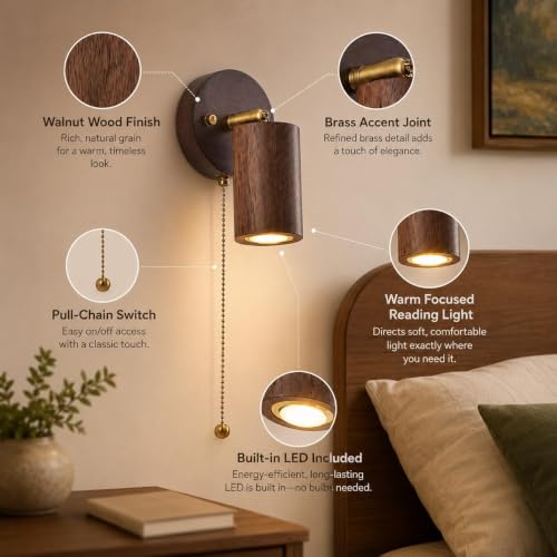 Luz de lectura con cadena de estilo japonés en madera de nogal 7