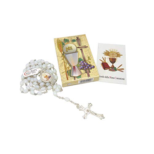 Dell'Arte Artículos Religiosi - Juego de cajita para rosario de primera comunión con rosario de cristal blanco 7 x 5 mm – Bombonera SRL