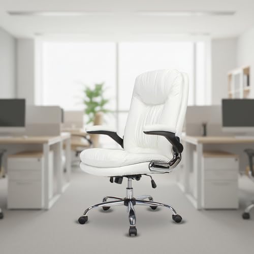 Image of Premium Leatherette Executive Office Chair with Chrome Base & Padded Armrests | Adjustable Height Swivel Desk Chair for Office & Home (White)