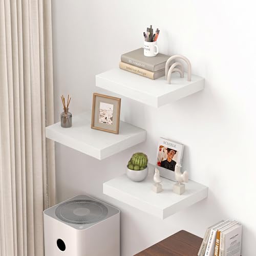 Image of Dreamland 16 inch Floating Shelves for Wall, 12 inch Deep Thicker White Floating Shelves, Wall-Mounted Shelves for Bedroom, Living Room, Kitchen, Bathroom - Set of 3