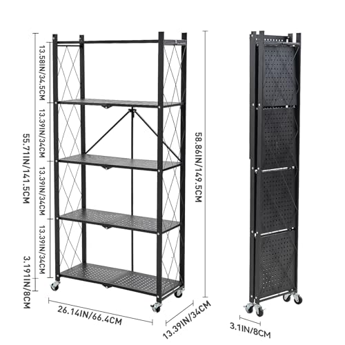 Image of BRIAN & DANY 5-Tier Foldable Storage Shelves with Wheels, Folding Metal Rack Shelving Unit, Heavy Duty No Assembly Organizer Shelf for Garage, Kitchen, Basement, Pantry, Black
