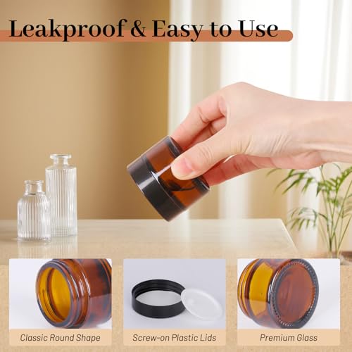 AuroTrends 1 oz Glass Jars with Lids 48Pack- Mini Amber Glass Jar/Cosmetic Containers with UV Protection,Travel Labels (30ml, Set of 48)3