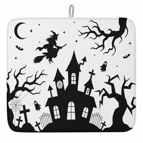 Halloween Dish Drying Mat for Kitchen Counter Witch Broom Drying Pad Absorbent Drying Mats for Countertops Sinks Draining Racks Cobwebs Bat Ghost Moon Castle Drainer Kitchen Accessories 18x24 Inch