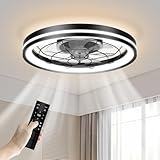 Hisummer Low Profile Ceiling Fan with Light and Remote Bladeless Bedroom Ceiling Fan with Light, 20in Small Flush Mount Ceiling Fan Dimmable Modern Enclosed Ceiling Fans for Small Room - Black