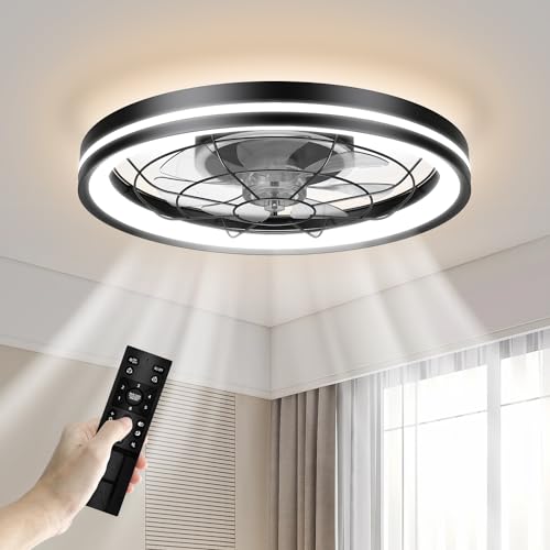 Hisummer Low Profile Ceiling Fan with Light and Remote Bladeless Bedroom Ceiling Fan with Light, 20in Small Flush Mount Ceiling Fan Dimmable Modern Enclosed Ceiling Fans for Small Room - Black