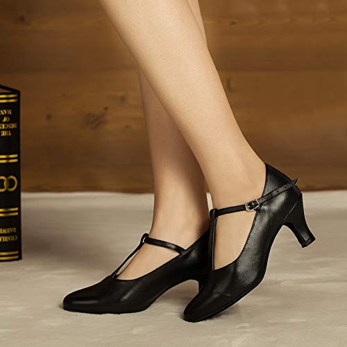 HROYL Women Ballroom Dance Shoes Closed Toe Latin Salsa T-Strap Modern Tango Walts Character Shoes Model-L0414