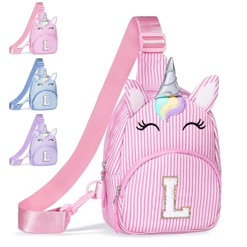 Image of COSHAYSOO Pink Girls Purse Unicorn Waist Pack Crossbody Sling Bag, Cute Personalized Easter Basket Stuffers Birthday Gifts for Kids Girl 3-8 Daughter Granddaughter Niece Initial Monogrammed Letter L