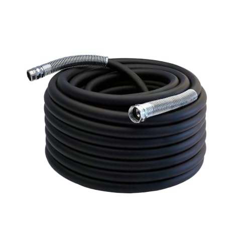 Image of Guitrees 2026 Upgraded Garden Hose 100FT x 5 /8 inch, Heavy Duty Rubber Water Hose with Five Layered Braiding, Swivel male and female Nickel-plated Brass Fittings, 1000PSI Burst, 300PSI Working (Black)