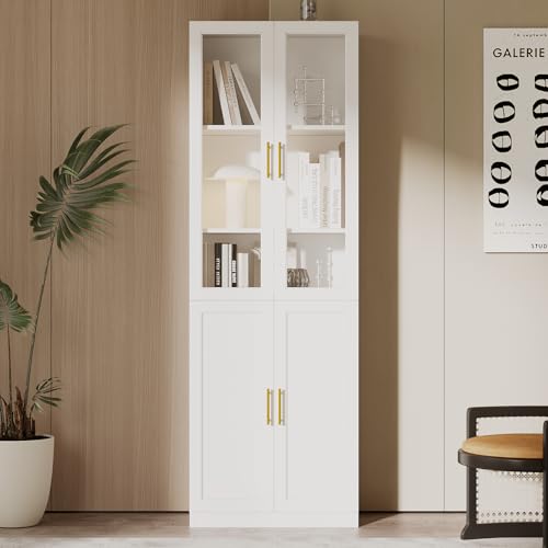 VOWNER Bibliothèque Meuble de Rangement, Vitrine Blanc 180cm, Portes Verre Trempé, Glass Cabinet MDF 5 Niveaux, Armoire de Cuisine Polyvalente, Étagères...