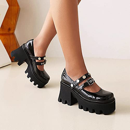 Image of Women's Platform Mary Janes Heart Cat Buckle Rivets Ankle Lolita Gothic Princess Platform Pumps Patent Leather Thorn Vintage Traditional Embroidery Upper Dress Shoes