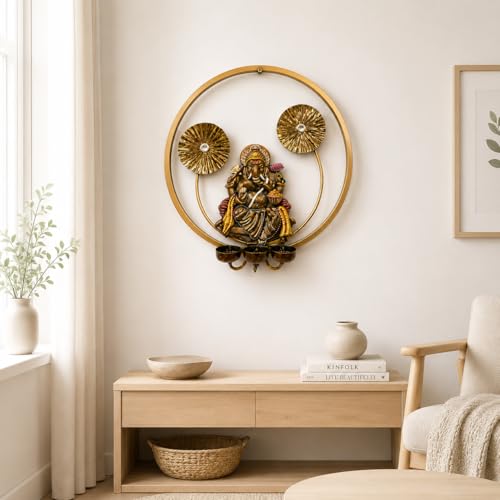 Image of Framing Hub - Handcrafted Ganesha Wall Hanging with Diya Holder Golden Circular Frame Spiritual Home Temple Decoration for Living Room Entrance Decor