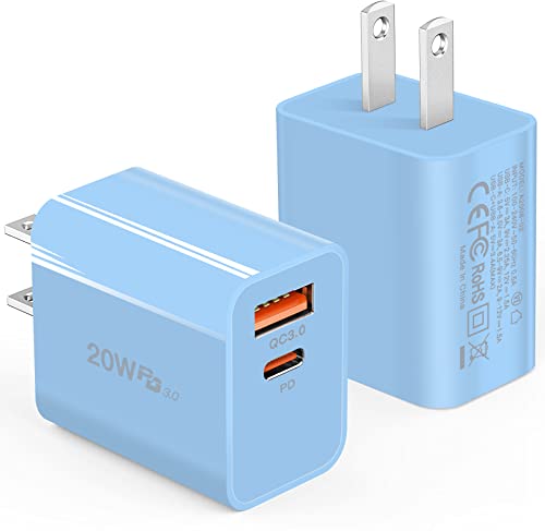 USB C Wall Charger Block 20W, 2-Pack Fast Charging Block, Dual Port PD Power Delivery Type C Charger Adapter Plug Compatible with iPhone 14/13/12/11/Pro/Max/Mini/SE X XS,Galaxy and More(Blue)
