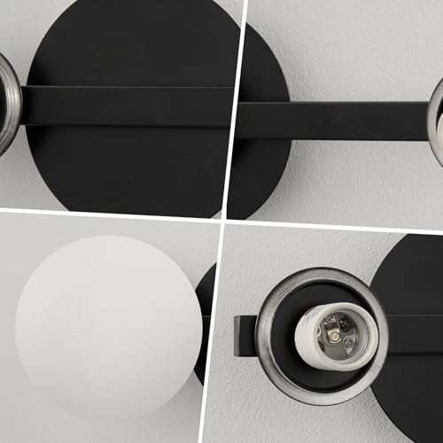 Image of Black Globe Wall Sconce,Vanities Lights with 2 Milk Glass Shades | 6 inch Modern Spherical Vanity Sconces,Contemporary Small Brass Ball Lights Fixture for Entryway Bedside Bathroom,E26 Base