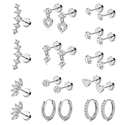 Image of SANNIDHI Earrings Set for Women Rhinestone Hoops Earring Hypoallergenic Hearts-shaped Flat Back Stud Earring Stainless Steel Cartilage Earrings Combo for Multiple Piercing
