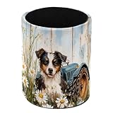 Vcedizo Desk Organizer, Leather Pencil Pen Holder for Desk, Dog Daisy Tractor Rustic Desk Pen Organizer, Art Supply, Pencil Cup for Office, School, Home