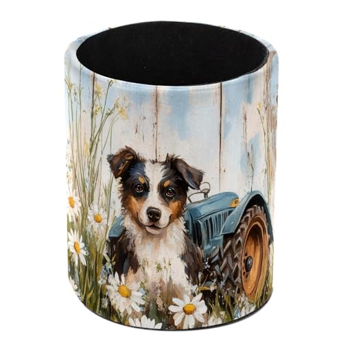 Vcedizo Desk Organizer, Leather Pencil Pen Holder for Desk, Dog Daisy Tractor Rustic Desk Pen Organizer, Art Supply, Pencil Cup for Office, School, Home