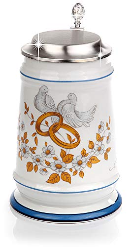 Bierkrug - Hochzeitskrug mit Zinndeckel Ringen & Tauben -...