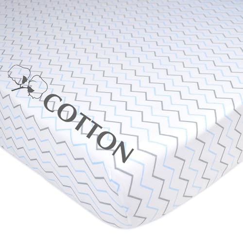 Image of American Baby Company 100% Natural Cotton Fitted Pack and Play Sheet 39 inch x 27 inch - Soft & Breathable Pack N Play Sheet for Playpen, Playard & Mini Crib Mattress, Blue Zigzag, for Boys & Girls