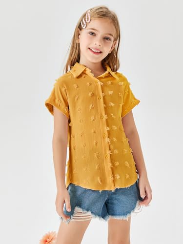 Image of Haloumoning Girls Button Down Shirts Short Sleeve Kids Casual Chiffon Blouse Summer Tops T-Shirt