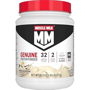Muscle Milk Genuine Protein Powder, Vanilla Crème, 1.93 Pounds, 12 Servings, 32g Protein, 2g Sugar, Calcium, Vitamins A, C & D, NSF Certified for Sport, Energizing Snack, Packaging May Vary