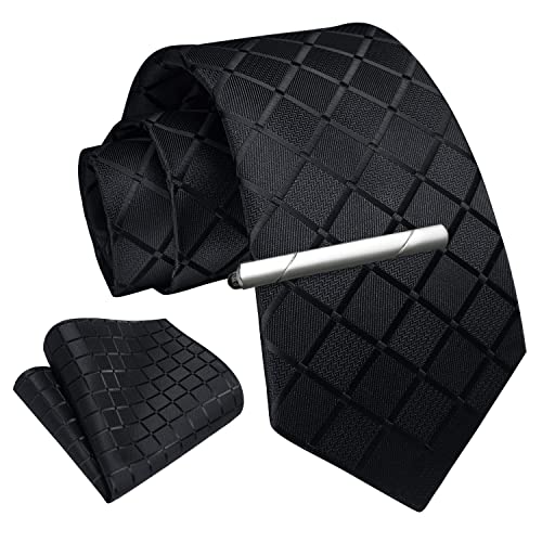 Image of Enlision Ties for Men Plaid Stripe Tie Handkerchief Woven Classic Formal Necktie Pocket Square Clip Set
