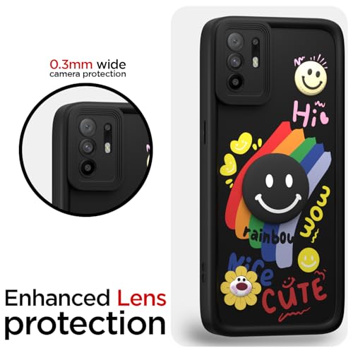 Image of Pikkme Back Cover for Oppo F19 Pro Plus 5G | Soft Silicone| Cute Rainbow Smile & 3D Cartoon Flower Design | Shockproof Raised Camera Protection Bumper Case (Black)
