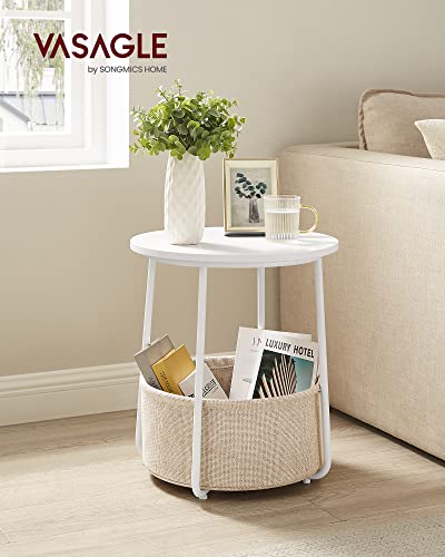 Vasagle Small Round Side End Table, Modern Nightstand With Fabric Basket, White + Beige #TOP1