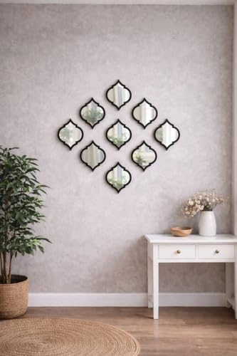 Image of Set of 9 Quatrefoil Wall Mirrors - Decorative Moroccan Lattice Accent Mirrors - Interlocking Geometric Wall Art for Living Room, Entryway, and Bedroom Decor (Black)