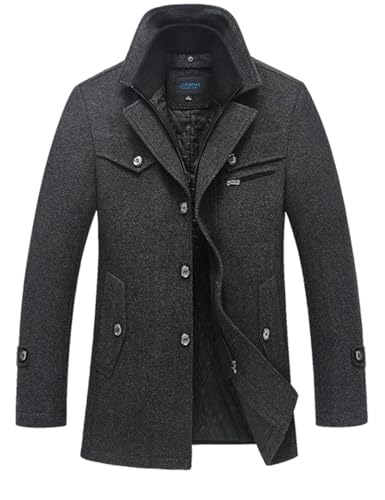 Tebreux Men's Winter Pea Coat Slim Fit Single Breasted Short Wool Jacket Woolen Trench Coat