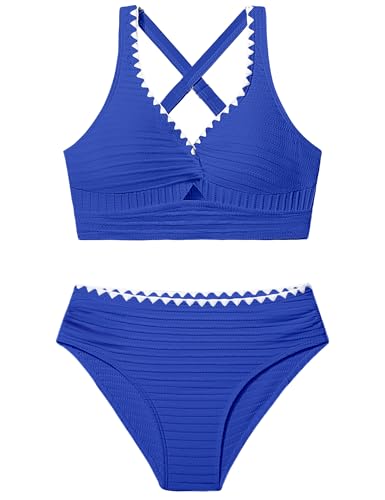 Girls Swimsuit Solid Color Textured Bikini Set Contrast Trim Bathing Suit 2 Piece Swimwear Adjustable Straps 9-16T