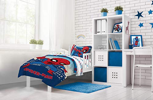 Image of Disney Spidey Friends Toddler Comforter Set 4 Piece Kids Bedding, Blue | Ghost-Spider, Bed in a Bag, Comforter Sheets Pillowcase, Official Product, Soft Microfiber, Machine Washable, Kids Gift