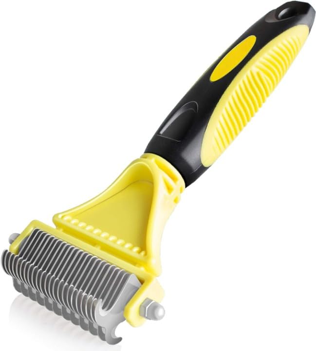 Unibos | Dog Brush Cat Brush Grooming Comb 23+12 Double Sided Undercoat Rake Dematting Deshedding Tool for Long Hair Pets Cat Dog Slicker Shedding Brushes Efficiently Reduces Hair Loss (YELLOW)