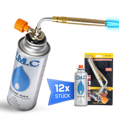 Z.M.C ALLZWECKBRENNER Quemador de gas 1,65 kW + 12x Cartuchos de gas 227g, soplete soldador hasta 1371 °C, soplete de soldadura Bunsen con llama ajustable, dispositivo de desflamado soplete ideal para