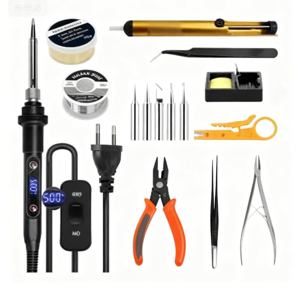 Soldador de estaño 80 W Temperatura ajustable 180 – 500 °C, kit de soldadura electrónica de precisión con pantalla LCD e interruptor ON/OFF, calefacción cerámica rápida, pasta de soldadura y