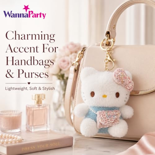 Image of Wanna Party Cute Kawaii Blue Cat Plush Keychain, Soft Pink & Blue Bag Charm with Bow