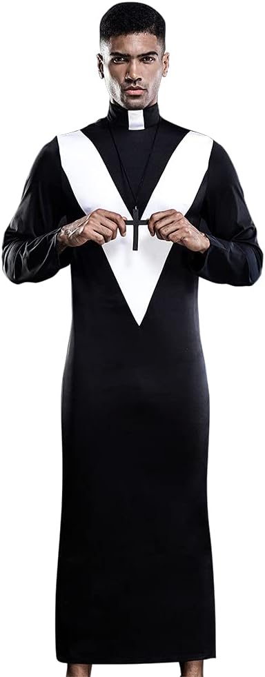 Z-DJJ Nuevo Traje De Monja para Hombre Y Collar con Colgante De Jesucristo, Traje De Fiesta para Hombre, Túnica Negra, Santo, Cardenal, Pastor, Disfraz De Cosplay, Traje De Halloween