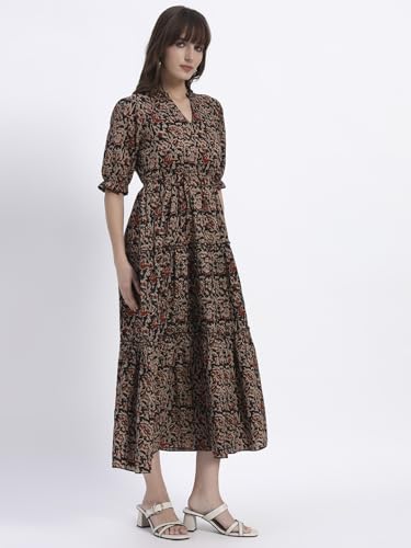 Image of Women's Fit and Flare Dress I Pure Cotton Long Summer Maxi Dress I V-Neck I Casual Wear I Printed Kalamkari Floral Middi