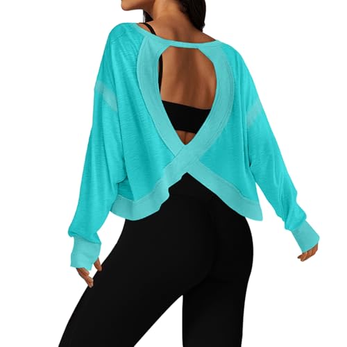 Image of UNIANKIYA Open Back Workout Tops for Women Long Sleeve Cropped Athletic Clothes Gym Running Yoga Low Impact Sports T Shirts