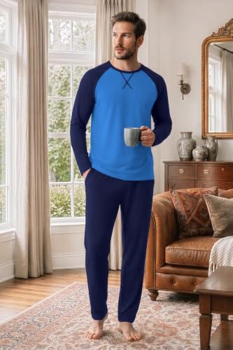 Ekouaer Mens Pajama Set Long Sleeve PJs Lightweight Sleepwear with Pockets - image 3